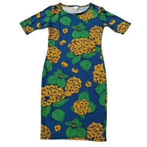 -LULAROE Round Neck Short Sleeve Blue Floral Print T-Shirt Dress Women's Size XS